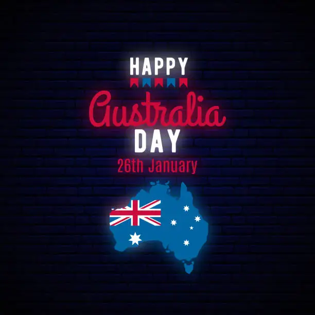 Vector illustration of Happy Australia Day neon greeting banner. Vector light signboard.
