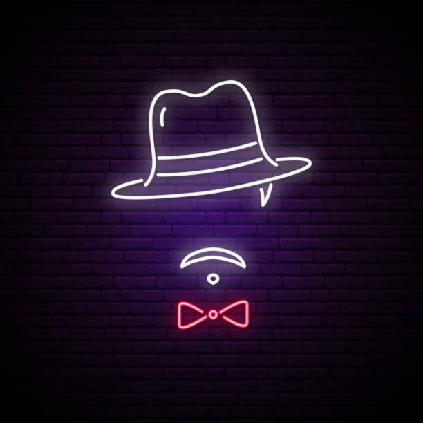 Neon sign of men in a hat. Bright emblem of mafioso. Vector illustration. Neon sign of men in a hat. Bright emblem of mafioso. Vector illustration. godfather godparent stock illustrations