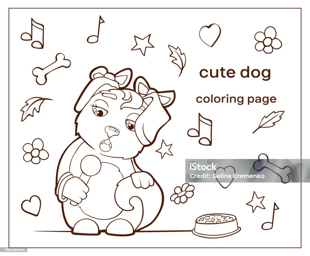 Cartoon character cute dog. Coloring page puppy. Vector image. Cartoon character dogs doodle hand drawn. Coloring page, pets. Girl puppy with bows sings. Animal stock vector