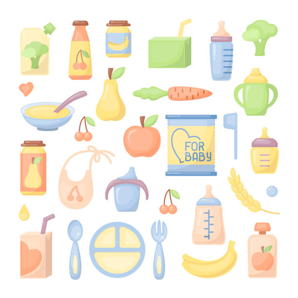 ilustraciones, imágenes clip art, dibujos animados e iconos de stock de conjunto de iconos de alimentos bebé - white background container silverware dishware