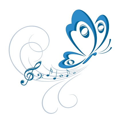 A symbol of the flying butterfly with music notes.