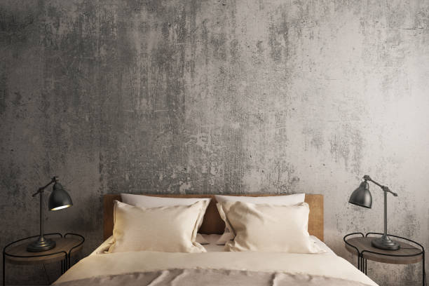istock Bedroom loft interior style,Bed and side table with gray cement wall background. 3D illustration 1086561818