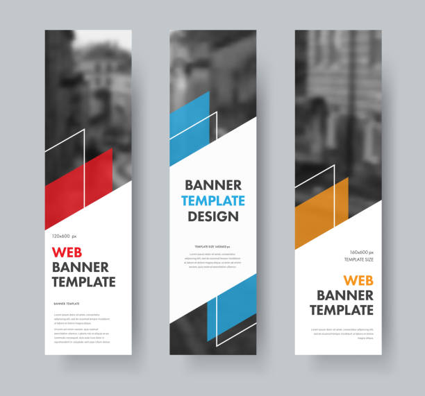 Templates for vertical web banners with diagonal elements for text, color design elements, lines and space for photos. Templates for vertical web banners with diagonal elements for text, color design elements, lines and space for photos. A set of standard size. Vector illustration. vertical stock illustrations