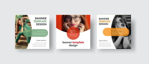 Set of square web banners with a semicircle for a photo and round elements for text Set of square web banners with a semicircle for a photo and round elements for text. Template for social media in white. Vector illustration. ad templates stock illustrations