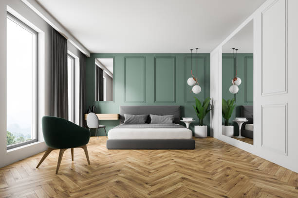 istock Front view of green bedroom, armchair 1086575890