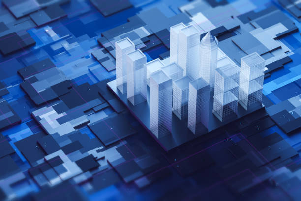 istock Dark blue city model on motherboard 1086576024