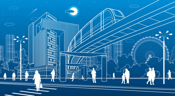 business center, stadtarchitektur. menschen, die zu fuß in der stadt. road-zebrastreifen. einschienenbahn brücke, zug zu bewegen. urbanes leben. vektor-design-kunst - street technology blueprint city stock-grafiken, -clipart, -cartoons und -symbole