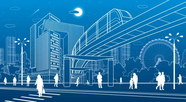 Vector illustration of Business Center, city architecture. People walking at town street. Road crosswalk. Monorail bridge, train move. Urban life. Vector design art