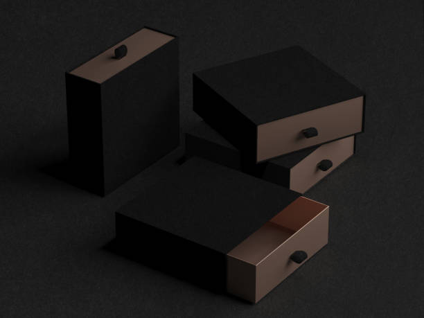 istock Elegant open black and gold Gift Box Mockup on black background. Luxury packaging box for premium products. Empty opened square box. 3d rendering 1086586248