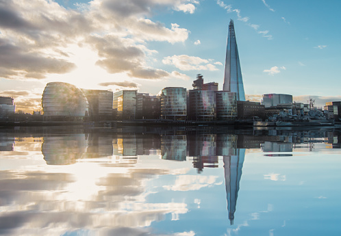 Reflection of London City Hall and The Shard - Stock Image
