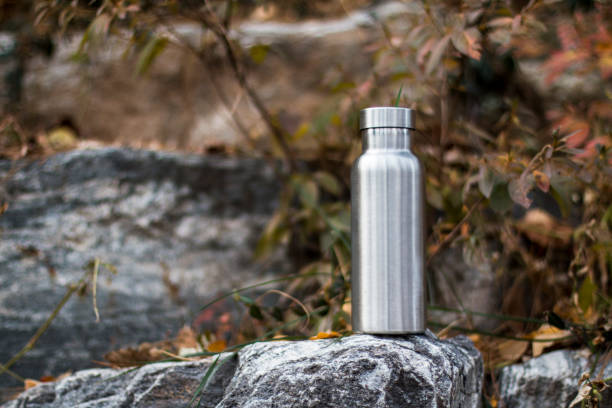 istock Insulated Stainless Bottle on the stone steps in the forest 1086588208