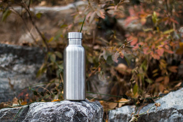 istock Insulated Stainless Bottle on the stone steps in the forest 1086588220