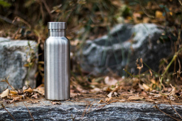 istock Insulated Stainless Bottle on the stone steps in the forest 1086589416