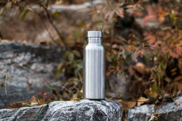 istock Insulated Stainless Bottle on the stone steps in the forest 1086589484