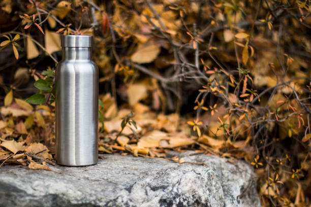 istock Insulated Stainless Bottle on the stone steps in the forest 1086589664