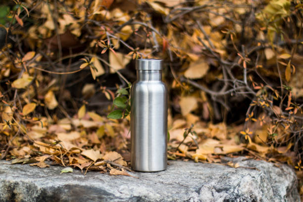 istock Insulated Stainless Bottle on the stone steps in the forest 1086589756