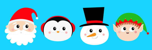 ilustrações de stock, clip art, desenhos animados e ícones de merry christmas. new year. snowman santa claus elf penguin bird round face head icon set. cute cartoon funny kawaii baby character. greeting card. flat design blue background. - baby icons audio