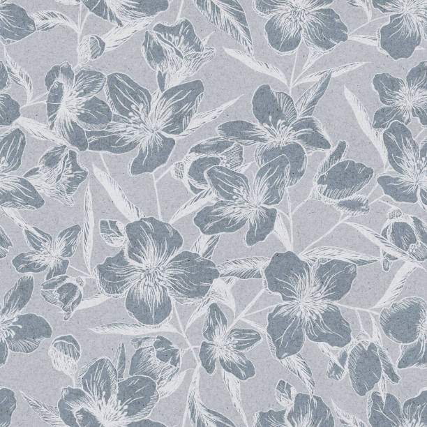 istock Seamless pattern of Jasmine flowers on gray background. Hand drawing. Vintage style. Design for textiles 1086609894