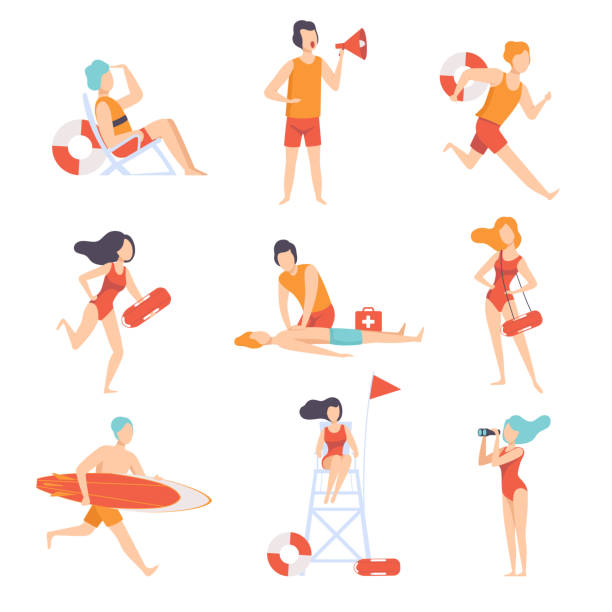 Lifeguards on duty set, male and female professional rescuer character working on the beach vector Illustration on a white background Lifeguards on duty set, male and female professional rescuer character working on the beach vector Illustration isolated on a white background. emergency first response stock illustrations