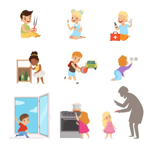 Vector illustration of Kids in a dangerous situations set, children playing with matches, medicines, sharp objects, electricity, strangers vector Illustration on a white background