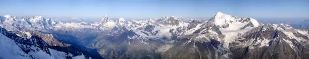 360 degree panorama view of the mountain above Zermatt  in the Alps of Switzerland with the Matterhorn and Weisshorn in the foreground