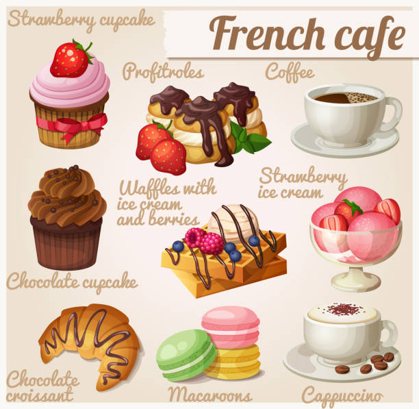 bildbanksillustrationer, clip art samt tecknat material och ikoner med uppsättning av mat ikoner. franska caféet illustration - yoghurt chocolate bowl
