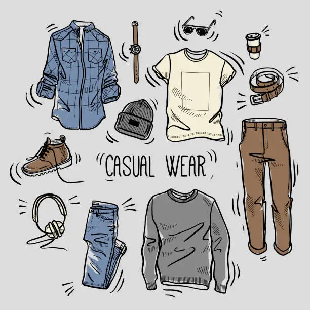 Vector illustration of Hand drawn colored set of men's casual wear sketches