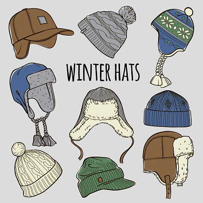 Set of 9 winter colored caps and hats sketches: baseball cap, ear flap hat, knitted hats, hats with a pom pom, fisherman beanie. Vector hand drawn illustration
