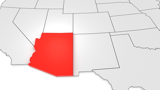 Arizona state highlighted in red on 3D map of the United States