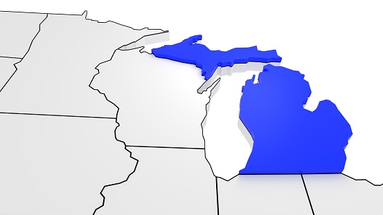 Michigan state highlighted in blue on 3D map of the United States