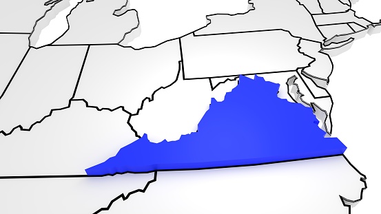 Virginia state highlighted in blue on 3D map of the United States