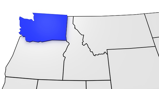 Washington state highlighted in blue on 3D map of the United States