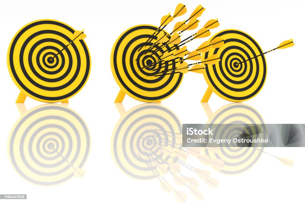 Many yellow arrows Many yellow arrows hit the central yellow target Accessibility Stock Photo