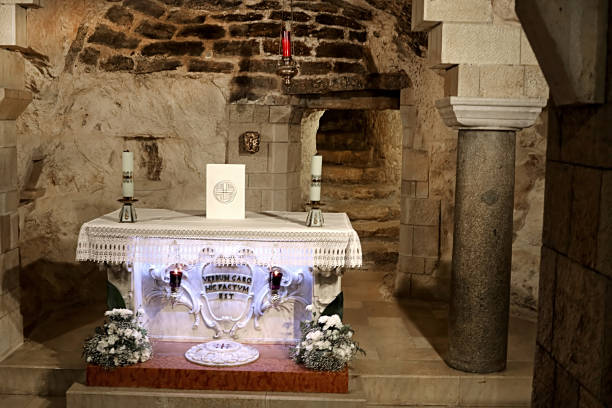 Grotto of the Annunciation (lower level of the church), the Basilica of the Annunciation, Church of the Annunciation in Nazareth, Israel stock photo