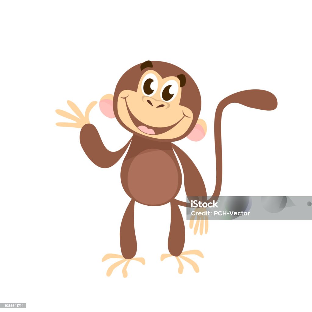 Cheerful monkey waving hand Cheerful monkey waving hand. Greeting, fun, happiness. Holiday concept. Vector illustration can be used for topics like animals, communication, friendship Animal stock vector