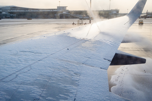 anti-icing processing of aircraft wing in Sheremetyevo airport in winter evening