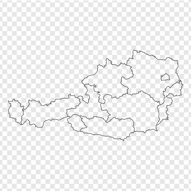 ilustrações de stock, clip art, desenhos animados e ícones de blank map austria. high quality map austria with provinces on transparent background for your web site design, logo, app, ui. stock vector. vector illustration eps10. - áustria alta