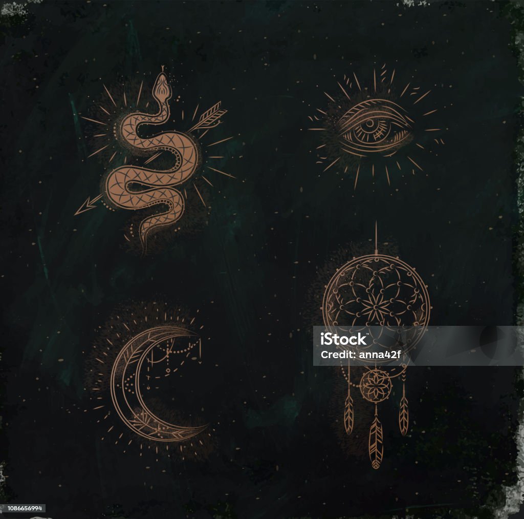 Magic and mystic signs dreamcatcher green Magic and mystic signs and symbols snake, eye, moon, dreamcatcher drawing on dark green background Moon stock vector