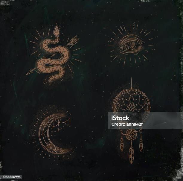 Magic And Mystic Signs Dreamcatcher Green Stock Illustration - Download Image Now - Moon, Snake, Spirituality