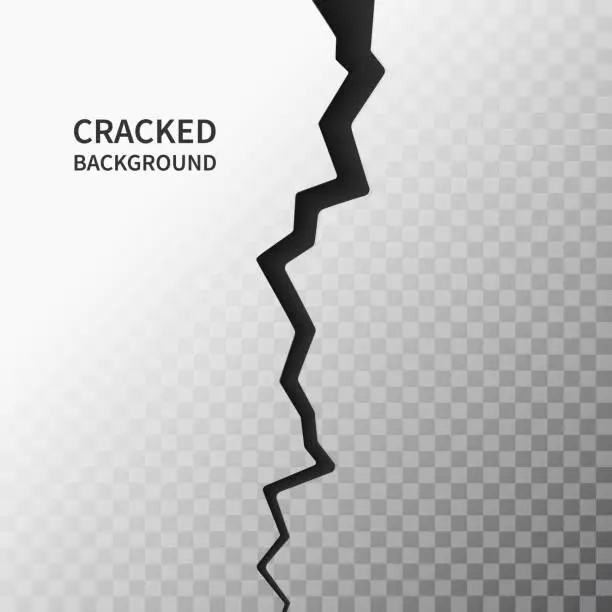 Vector illustration of Cracked ground surface. Realistic crack texture on transparent background. Earth crack. Rift on surface. Split terrain after earthquake. Crack on the wall or on the ice. Vector illustration