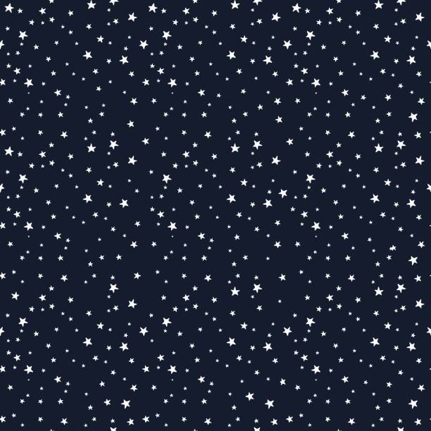 ilustraciones, imágenes clip art, dibujos animados e iconos de stock de patrón transparente con estrellas blancas de diferentes tamaños sobre fondo oscuro. fondo infantil 1.1 - star pattern