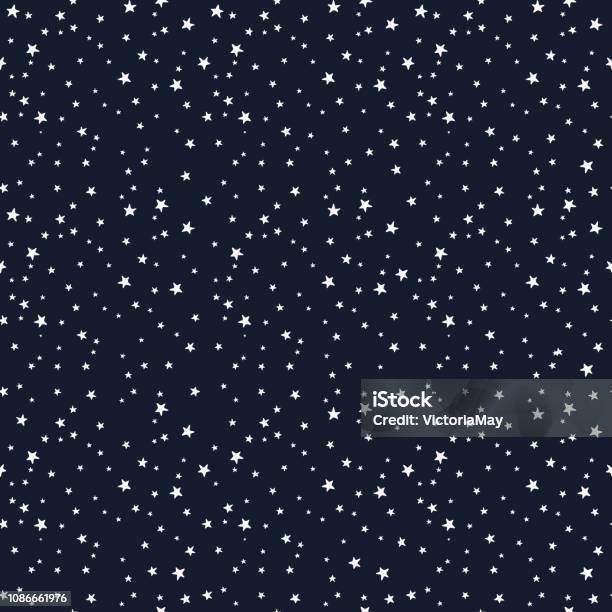 Seamless Pattern With White Stars Of Various Sizes On Dark Background Childish Background 11 Stock Illustration - Download Image Now