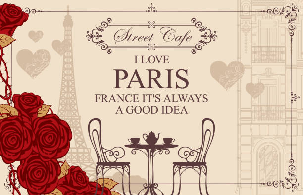 Parisian street cafe with view of the Eiffel tower Vector menu for Parisian street cafe with view of the Eiffel Tower and old buildings, with table and chairs. Romantic vector illustration with words I love Paris, red roses and hearts in retro style eiffel tower restaurant stock illustrations