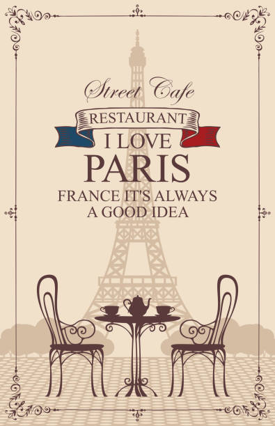 Parisian street cafe with view of the Eiffel tower Vector menu for Parisian street cafe with view of the Eiffel Tower, with table and chairs in retro style. Romantic vector illustration with words I love Paris, France it is always a good idea. eiffel tower paris illustrations stock illustrations
