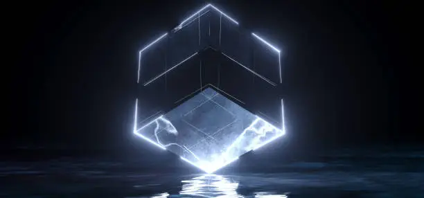Photo of Futuristic Sci Fi Grunge Concrete Reflective Dark Room With Huge Rotated Cube Shape Glowing With White Ice Led Lights On Edges Technology Background Lasers Club 3D Rendering