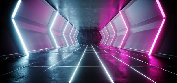 istock Neon Glowing Lines Sci Fi Futuristic Dark Alien Ship Space Tunnel Corridor With Concrete White Glowing Floor Empty Space For Text Technology Modern Background 3D Rendering 1086669470