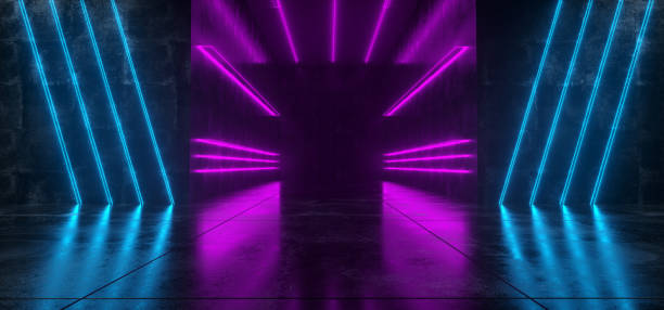 istock Dark Neon Background Sci Fi Modern Futuristic Grunge Concrete Room Vertical Purple  Ice Blue Glowing Light Tubes Lasers Empty Space For Text And Reflections 3D Rendering 1086669578
