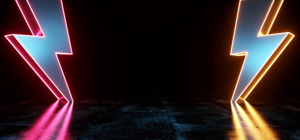 istock High Voltage Electric Neon Glowing Thunder Bolt Shapes Sci Fi Futuristic Modern Dark Background Grunge Concrete Room Empty Space For Text And Reflections Pink Purple Orange Glowing 3D Rendering 1086669856