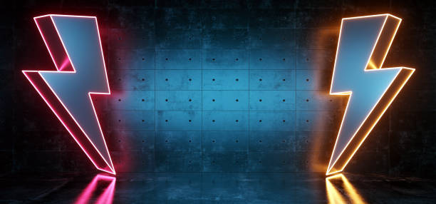 istock High Voltage Electric Neon Glowing Thunder Bolt Shapes Sci Fi Futuristic Modern Dark Background Grunge Concrete Room Empty Space For Text And Reflections Pink Purple Orange Glowing 3D Rendering 1086669908