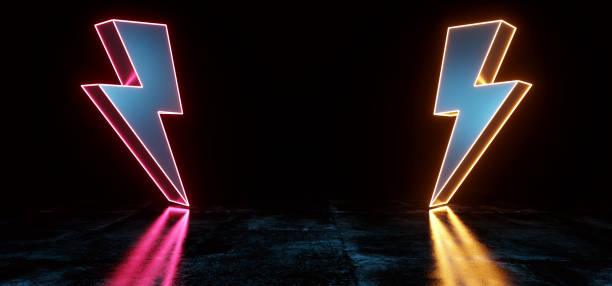istock High Voltage Electric Neon Glowing Thunder Bolt Shapes Sci Fi Futuristic Modern Dark Background Grunge Concrete Room Empty Space For Text And Reflections Pink Purple Orange Glowing 3D Rendering 1086669930